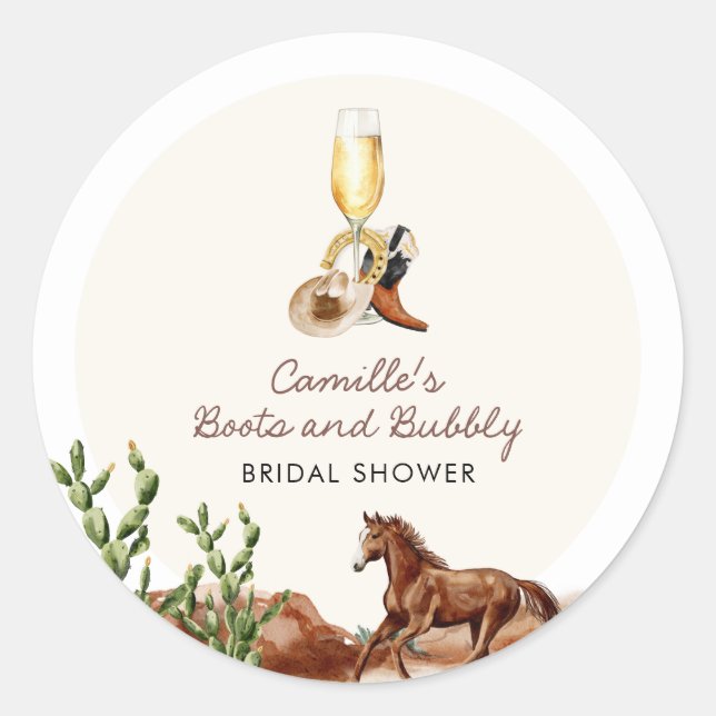 Rustic Boots and Bubbly Bridal Shower  Classic Round Sticker (Front)