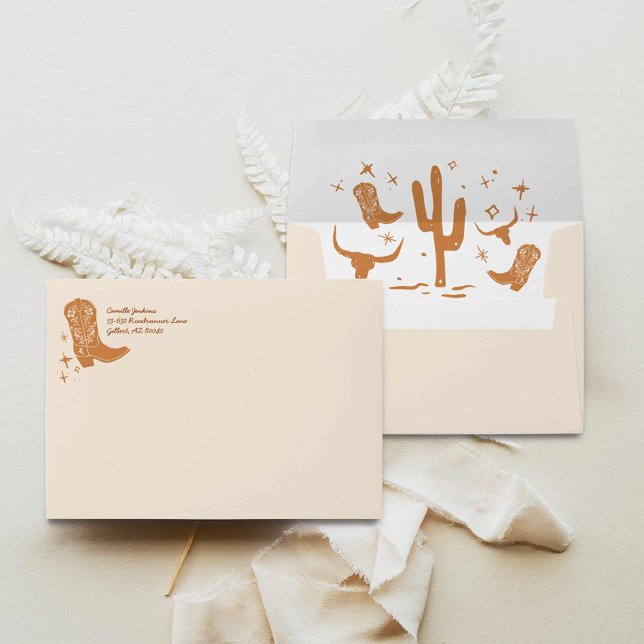 Rustic Boots and Bubbly Hand Drawn Envelope (Boots and Bubbly Western Bridal Shower Invitation envelope)