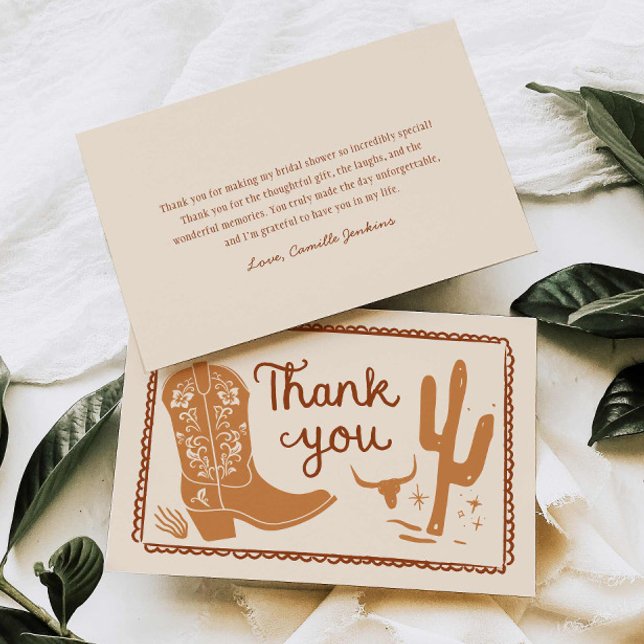 Rustic Boots and Bubbly Hand Drawn Thank you (Western Rustic Bridal Shower Thank you card)