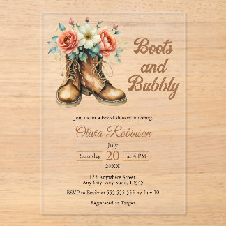 Rustic Boots and Bubbly Western Bridal Shower Acrylic Invitations