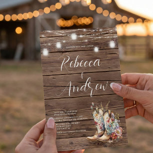 Rustic Boots Cowboy Cowgirl Floral Lights Wedding Invitation
