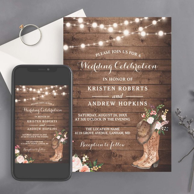 Rustic Boots Cowboy Cowgirl Floral Lights Wedding Invitation (Creator Uploaded)