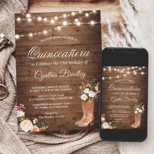 Rustic Boots Cowgirl Quinceañera 15th Birthday Invitation