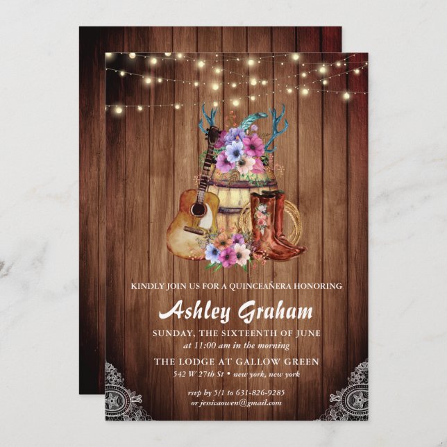 Rustic Boots Cowgirl Quinceañera 15th Birthday Invitation (Front/Back)