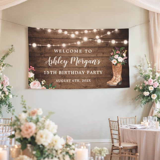 Rustic Boots Cowgirl String Lights Birthday Party Banner (Creator Uploaded)