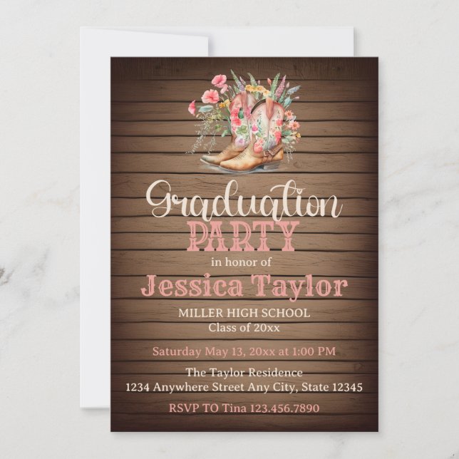 Rustic Boots Floral Pink Cowgirl Graduation Party Invitation (Front)