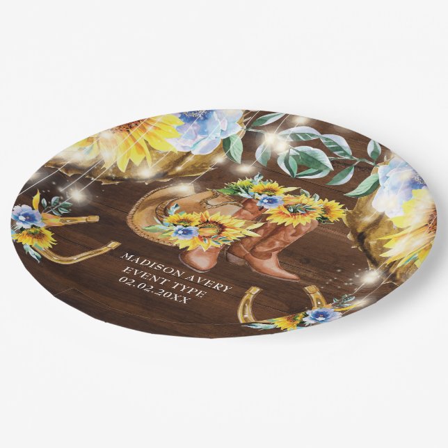 Rustic Boots Floral String Lights Personalised Paper Plate (Angled)