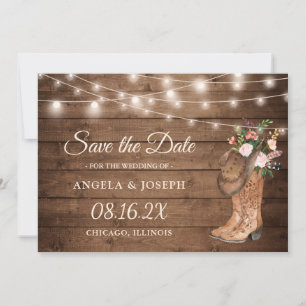 Rustic Boots Floral String Lights Wedding Save The Date