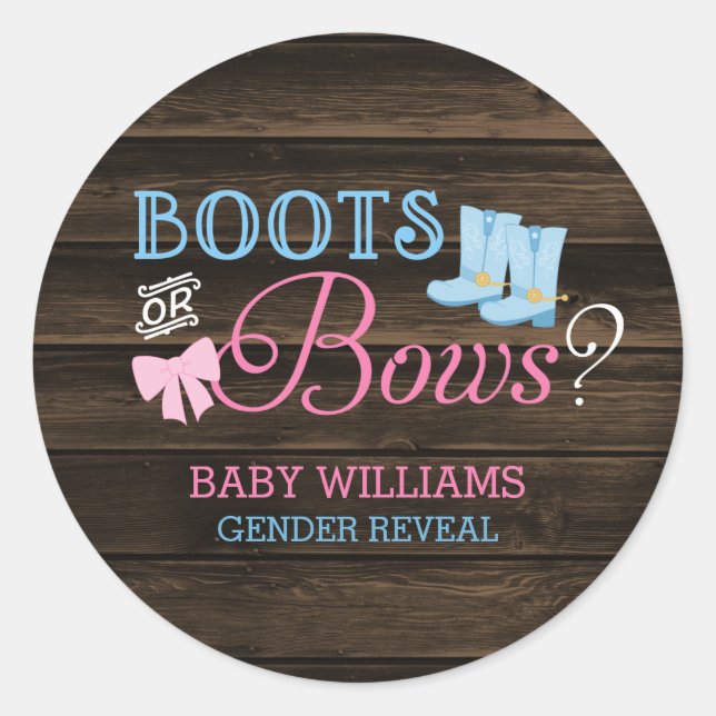 Rustic Boots or Bows Gender Reveal Baby Shower Classic Round Sticker (Front)