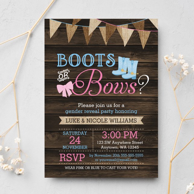 Rustic Boots or Bows Gender Reveal Baby Shower Invitation (Creator Uploaded)