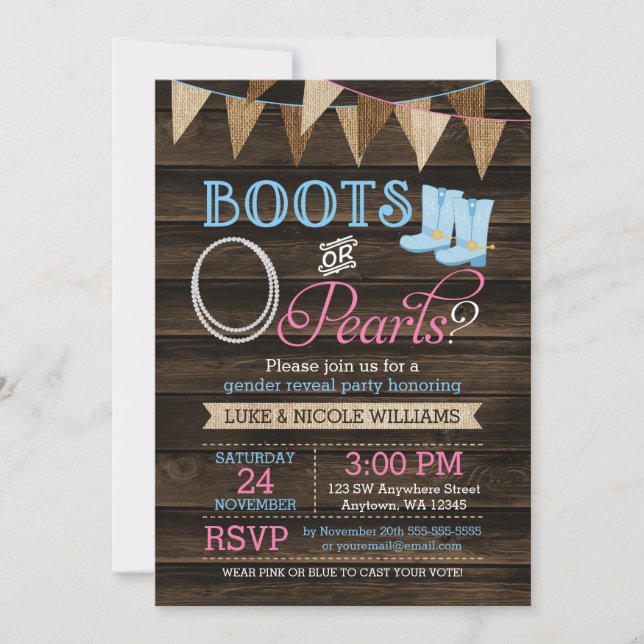 Rustic Boots or Pearls Gender Reveal Baby Shower Invitation (Front)