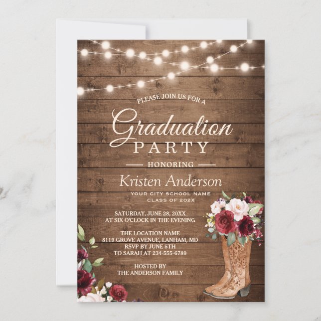 Rustic Boots Red Roses Floral  Graduation Party Invitation (Front)