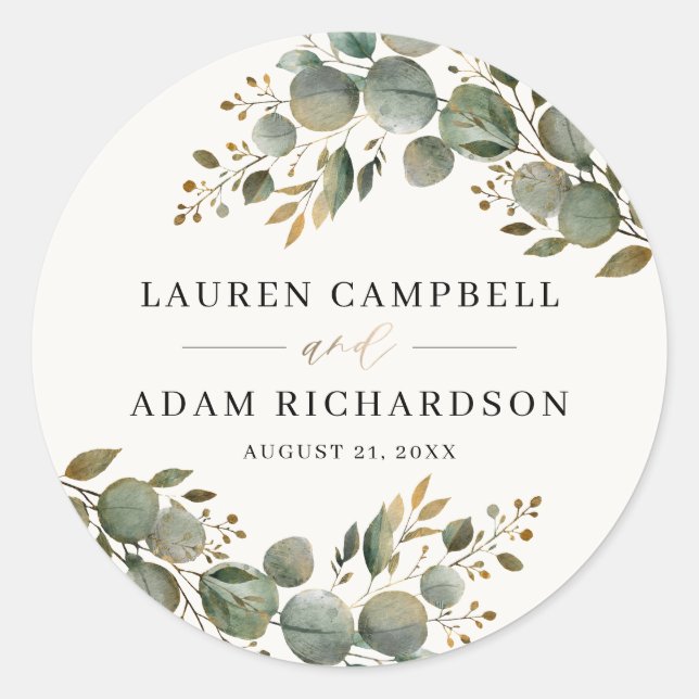 Rustic Botancial Eucalyptus Greenery Wedding Classic Round Sticker (Front)