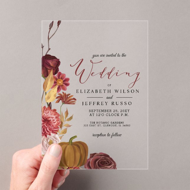 Rustic Botanical Autumn Fall Pumpkin Wedding  Acrylic Invitations (Insitu (Handheld))