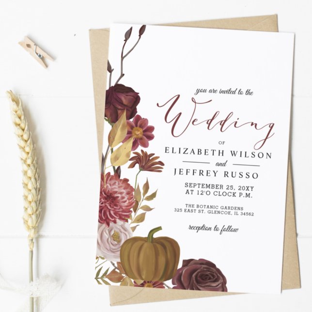 Rustic Botanical Autumn Fall Pumpkin Wedding  Invitation (Creator Uploaded)