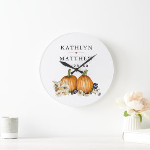 Rustic Botanical Autumn Pumpkin Fall Wedding Large Clock