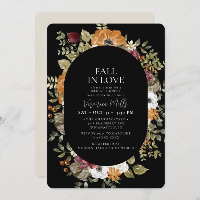 Rustic Botanical Black Ivory  Bridal Shower Invitation (Front/Back)