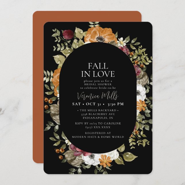 Rustic Botanical Black Terracotta  Bridal Shower Invitation (Front/Back)