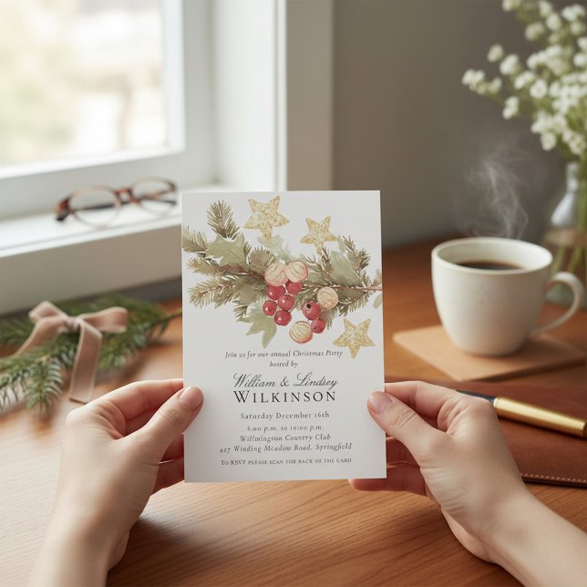 Rustic Botanical Christmas Party Invitation  QR (Creator Uploaded)