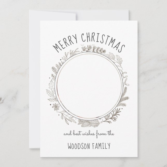 Rustic Botanical Circle Photo Merry Christmas Card (Front)
