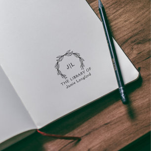 Rustic Botanical Custom Name Initials Library Book Rubber Stamp