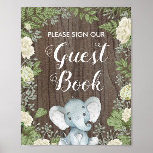 Rustic Botanical Elephant Guest Book Shower Sign