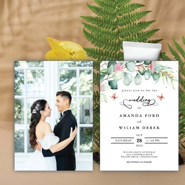 Rustic Botanical Eucalyptus Greenery Photo Wedding Invitation (Creator Uploaded)