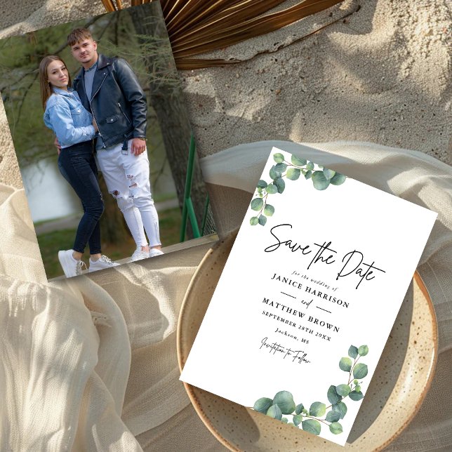 Rustic Botanical Eucalyptus Greenery Photo Wedding Save The Date (Rustic eucalyptus greenery photo save the date adds natural charm and showcases your love story.)
