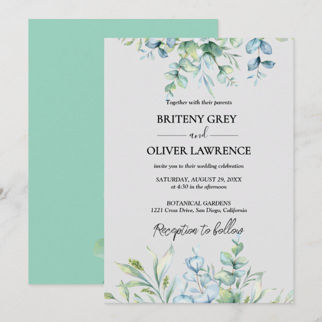 Rustic Botanical Eucalyptus Greenery Wedding Invitation (Front/Back)