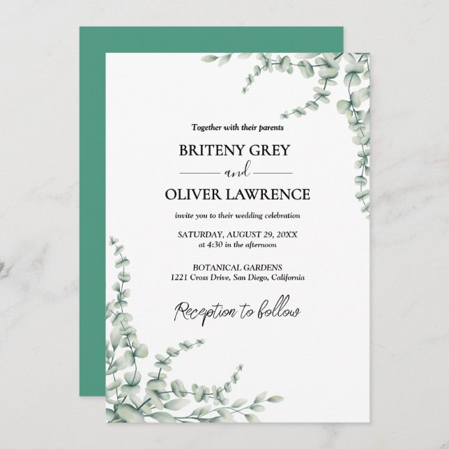 Rustic Botanical Eucalyptus Greenery Wedding Invitation (Front/Back)