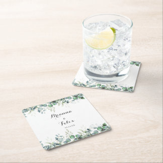 Rustic Botanical Eucalyptus Greenery Wedding Square Paper Coaster