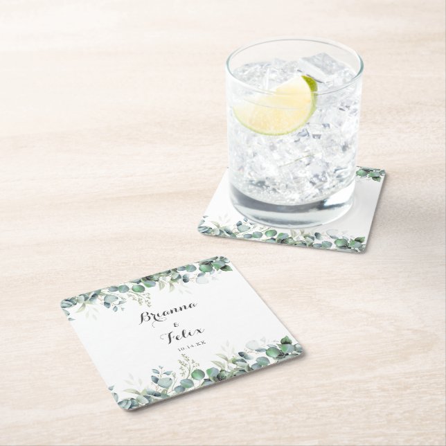 Rustic Botanical Eucalyptus Greenery Wedding Square Paper Coaster (Insitu)