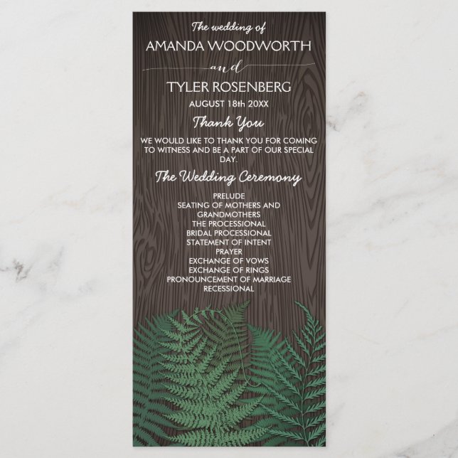 Rustic Botanical Fern Woodland Wedding Programs Programme (Front)