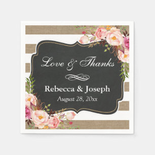 Rustic Botanical Floral Burlap Stripes Love Thanks Napkin