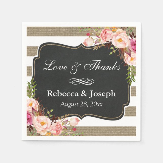 Rustic Botanical Floral Burlap Stripes Love Thanks Napkin (Front)