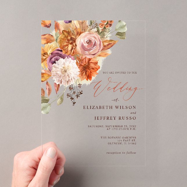 Rustic Botanical Floral Terracotta Fall Wedding Acrylic Invitations (Insitu (Handheld))