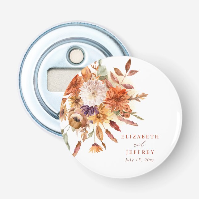 Rustic Botanical Floral Terracotta Fall Wedding Bottle Opener (Front)