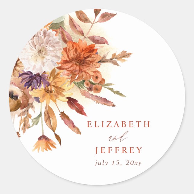 Rustic Botanical Floral Terracotta Fall Wedding Classic Round Sticker (Front)