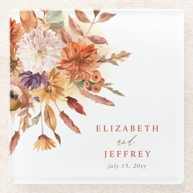 Rustic Botanical Floral Terracotta Fall Wedding Glass Coaster (Front)