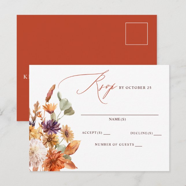Rustic Botanical Floral Terracotta Fall Wedding Postcard (Front/Back)