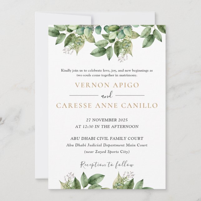 Rustic Botanical Green & Gold Foliage 1 Invitation (Front)