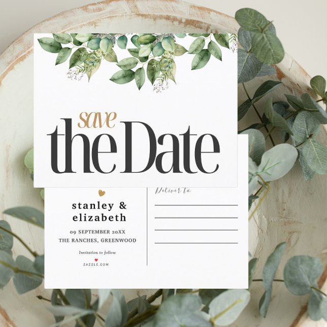 Rustic Botanical Green & Gold Foliage Wedding Announcement Postcard (Creator Uploaded)
