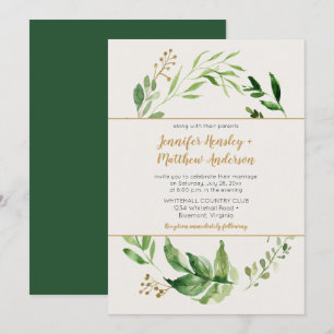 Rustic Botanical Greenery Wreath Gold Buds Wedding Invitation