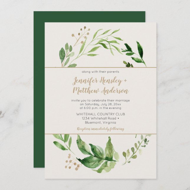 Rustic Botanical Greenery Wreath Ivory Wedding Invitation (Front/Back)