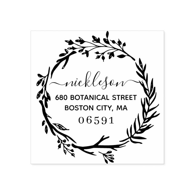 Rustic Botanical Greenery Wreath Return Address Rubber Stamp (Imprint)