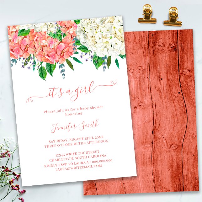 Rustic Botanical Hydrangea Girl Baby Shower Invitation (Creator Uploaded)