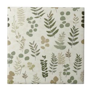 Rustic Botanical Leaf in Earthy Brown and Olive Tile