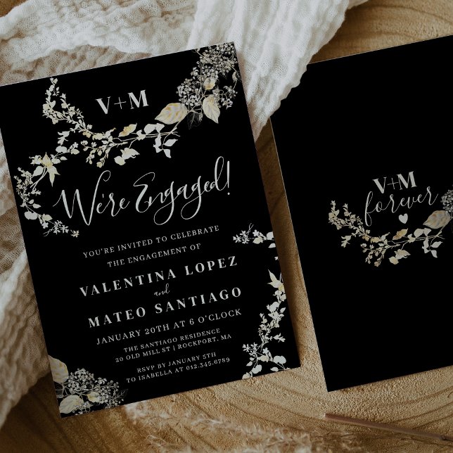 Rustic Botanical Monogram Black Engagement Party Invitation (Creator Uploaded)