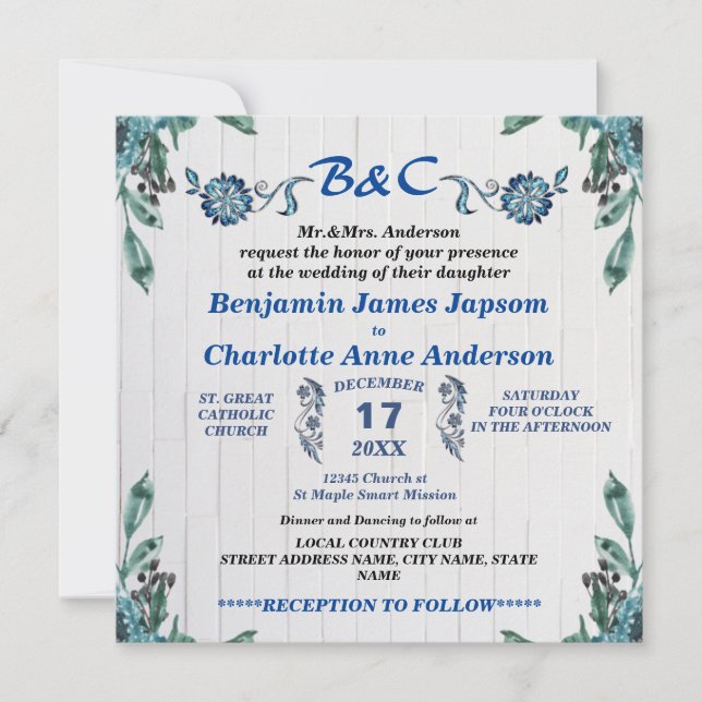 Rustic Botanical Monogram Customised Wedding Invitation (Front)