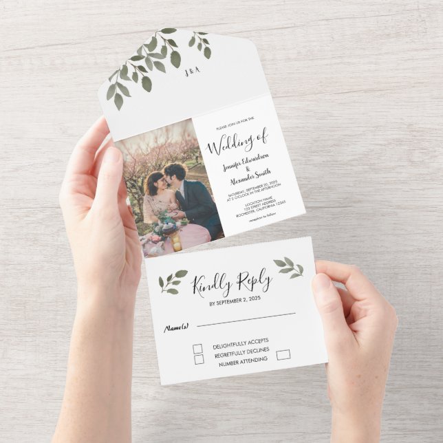 Rustic botanical monogrammed photo wedding all in one invitation (Tearaway)